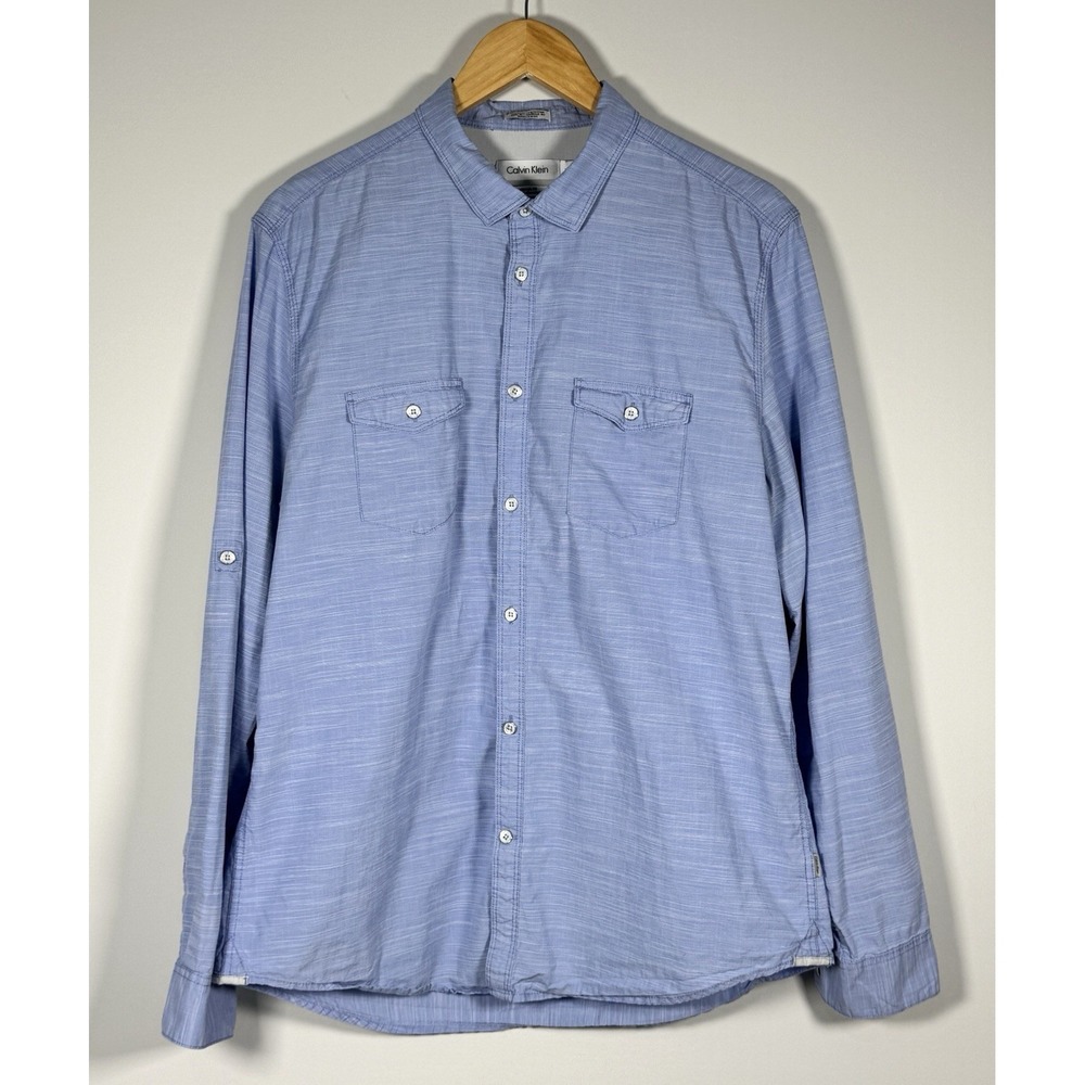 Calvin‎ Klein Chambray Blue Cotton Button Down Shirt Long Sleeve Men's Large